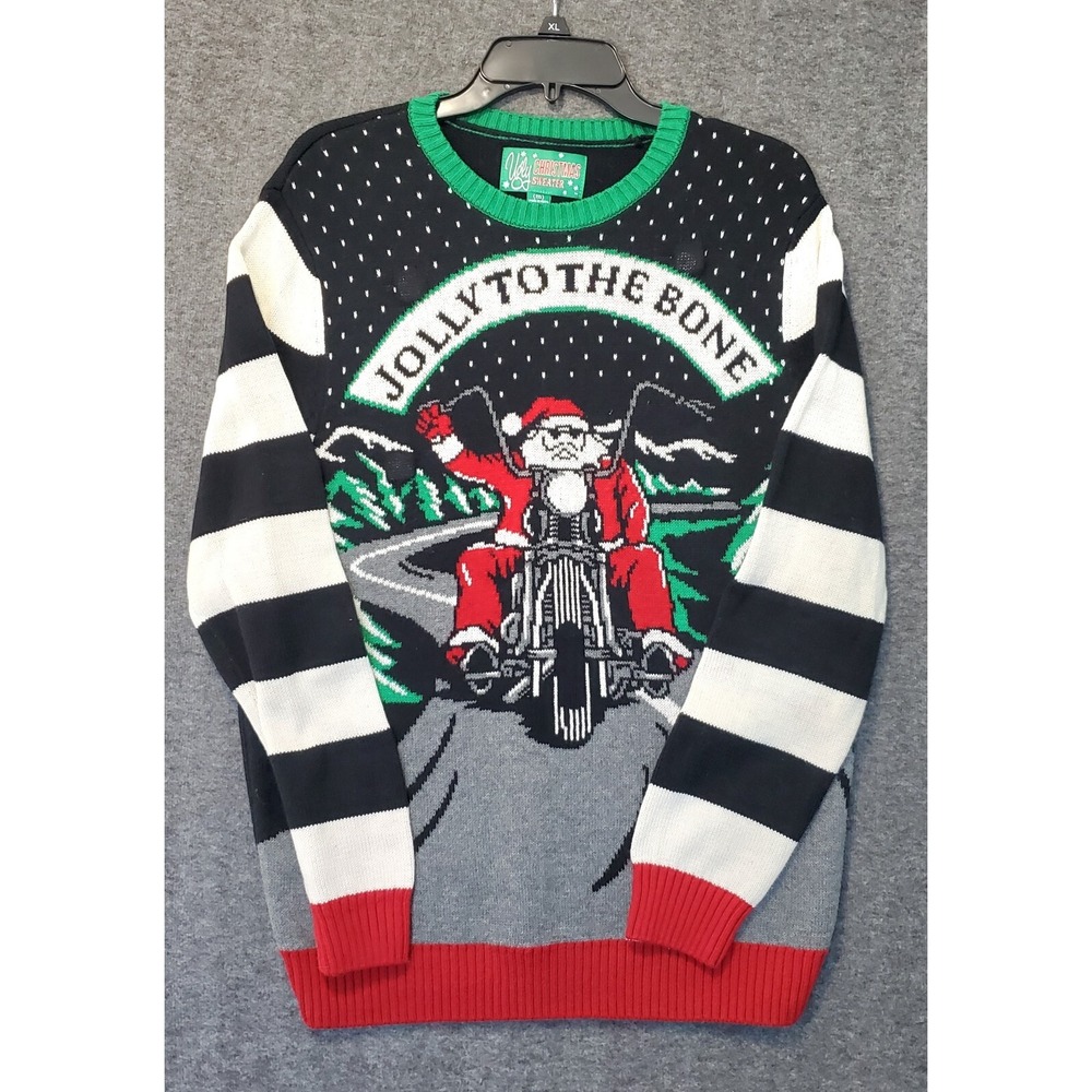 Ugly Christmas Sweater Mens Size M LED Lights Jolly To The Bone Santa Motorcycle
